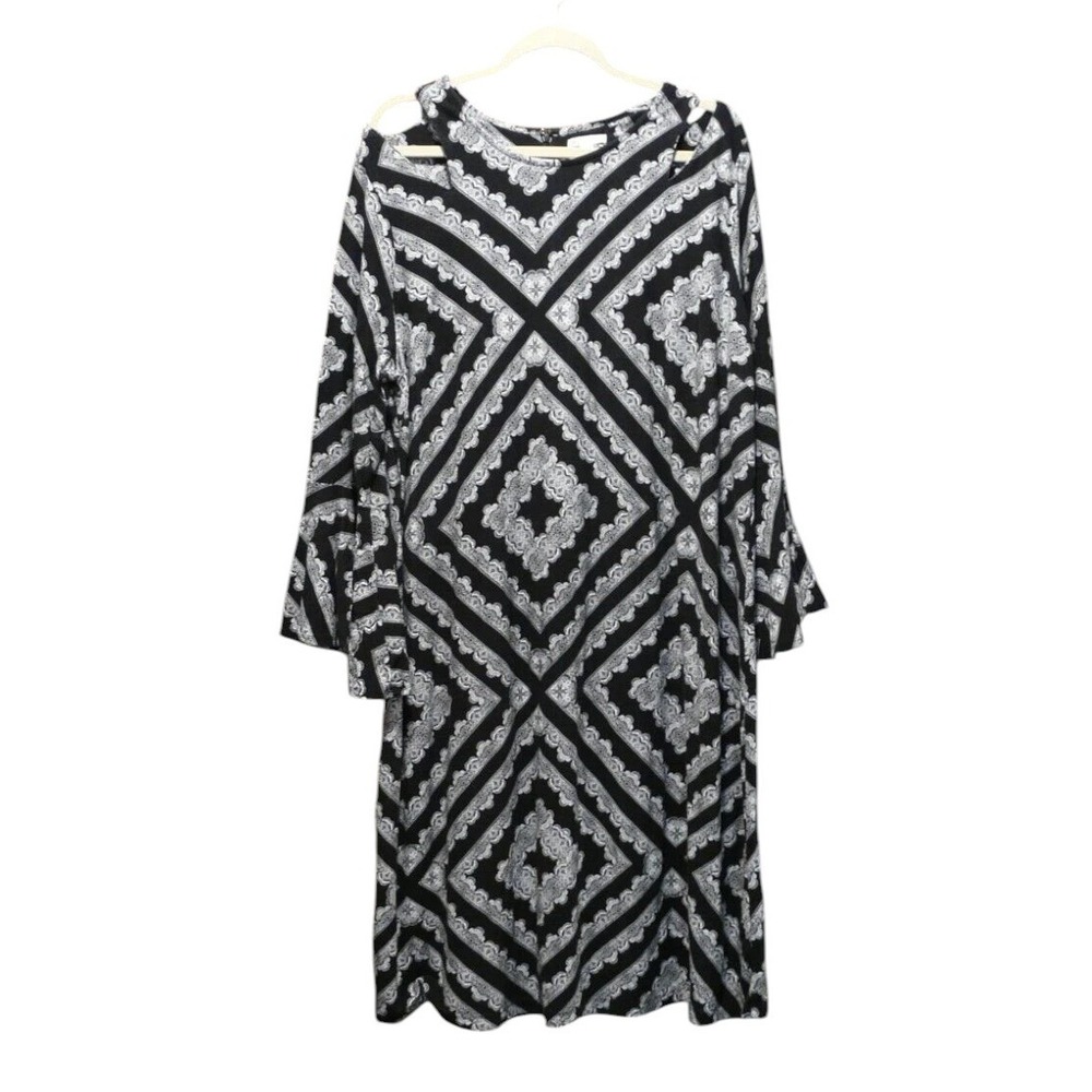 Cato Shift Dress Women 22/24W Black White Geometric Lace Cold Shoulder Boho